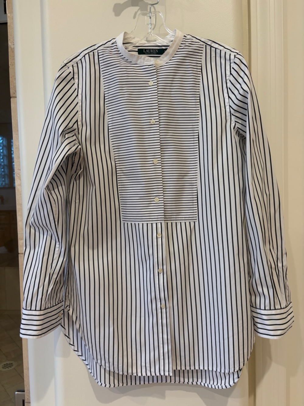 Lauren Ralph Lauren White and Navy Striped Mandarin Shirt